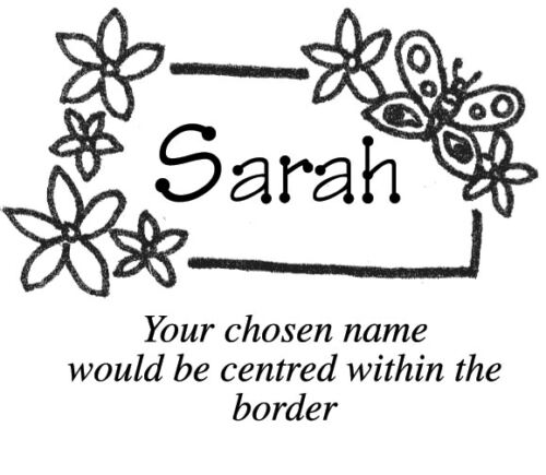 A name stamp with a flower and butterfly border